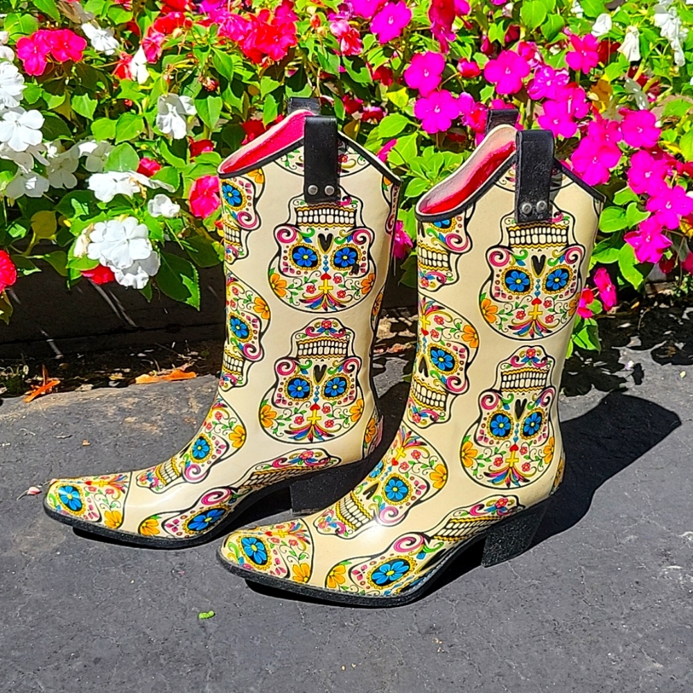 Blazin Roxx Day of the Dead Womens Rubber Cowboy/Rain Boots Size 8